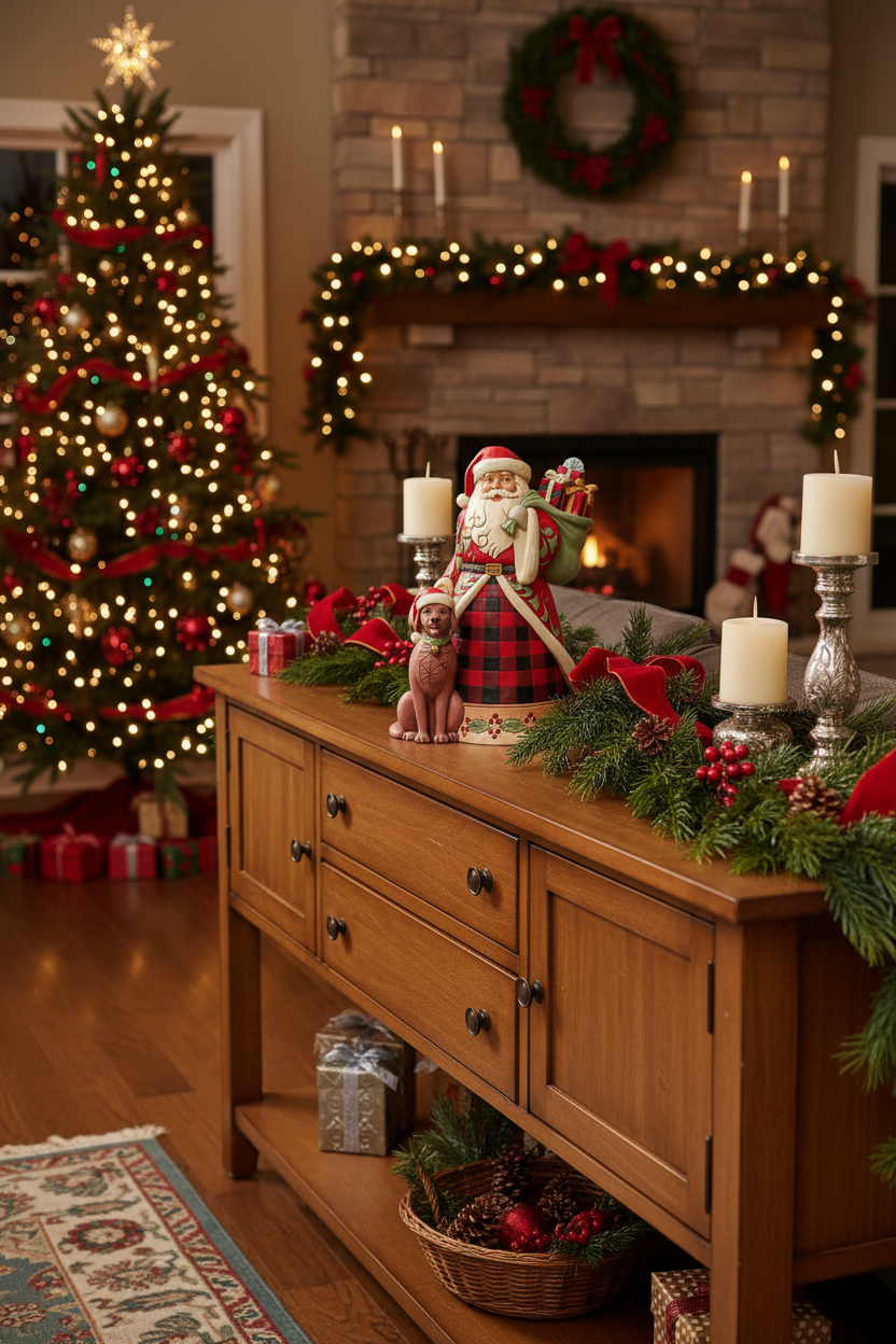 Decorative figurine of Santa Claus with a dog, holding gifts, on a white background