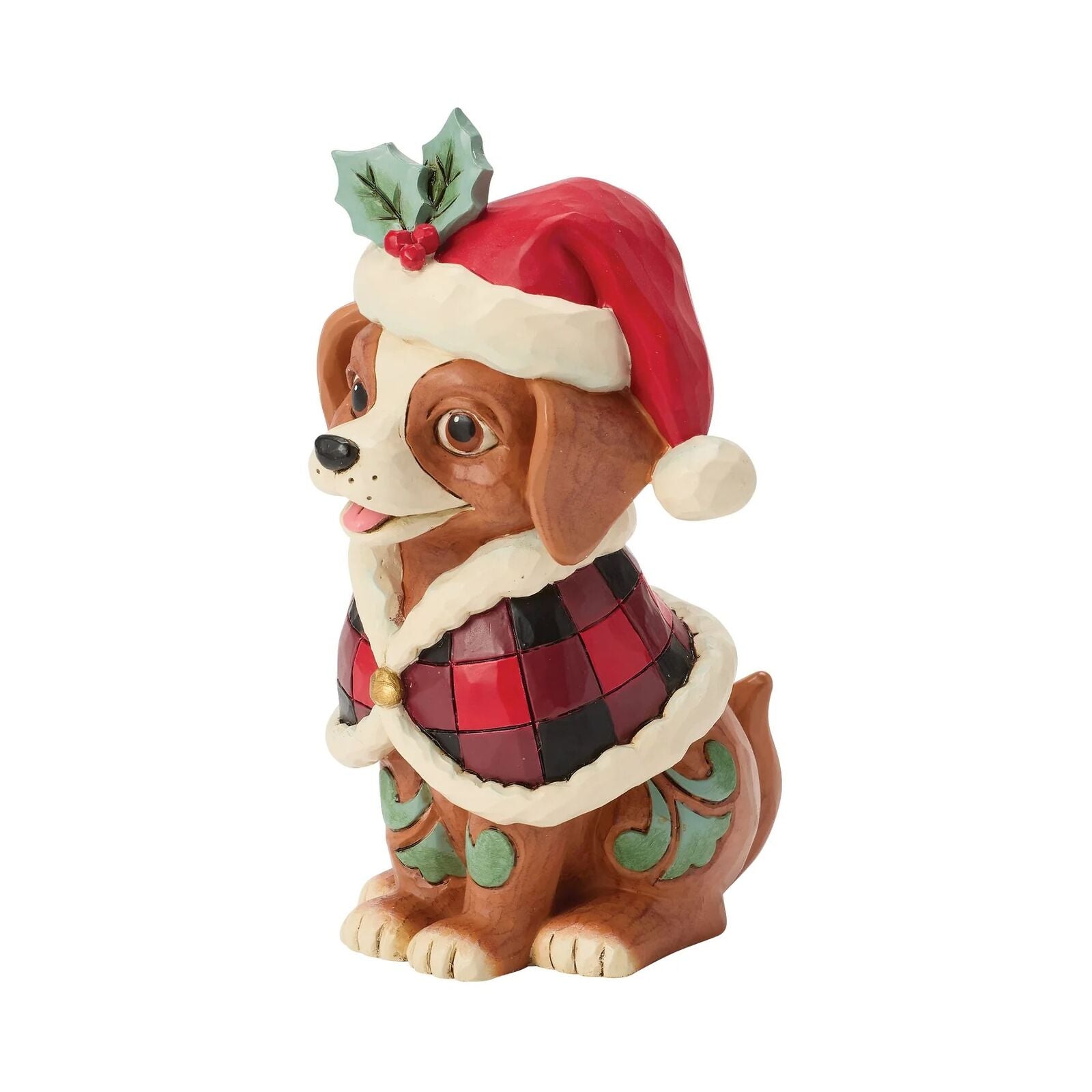 Christmas-themed dog figurine with a Santa hat and plaid outfit on a white background