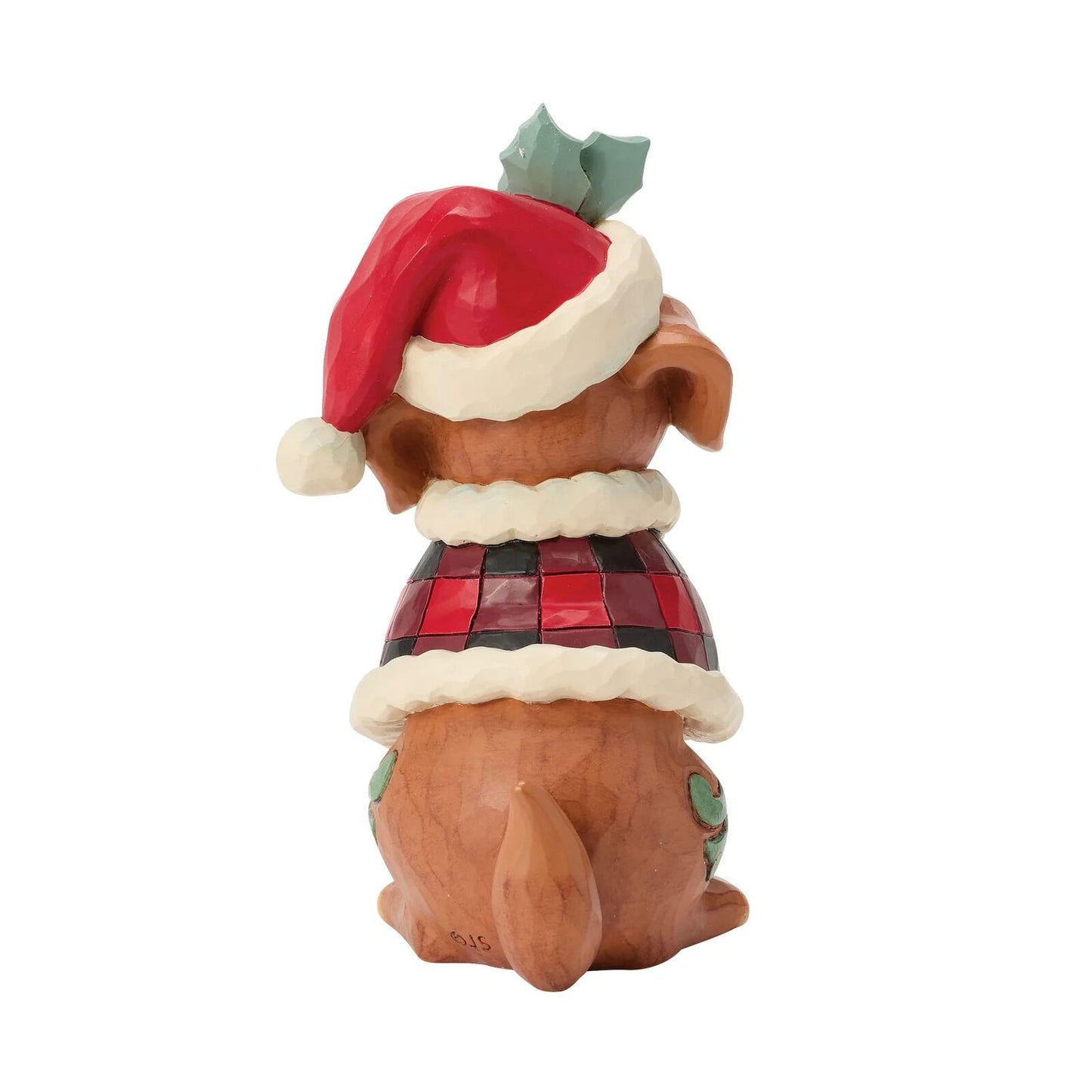 Christmas-themed dog figurine wearing a Santa hat and plaid coat on a white background