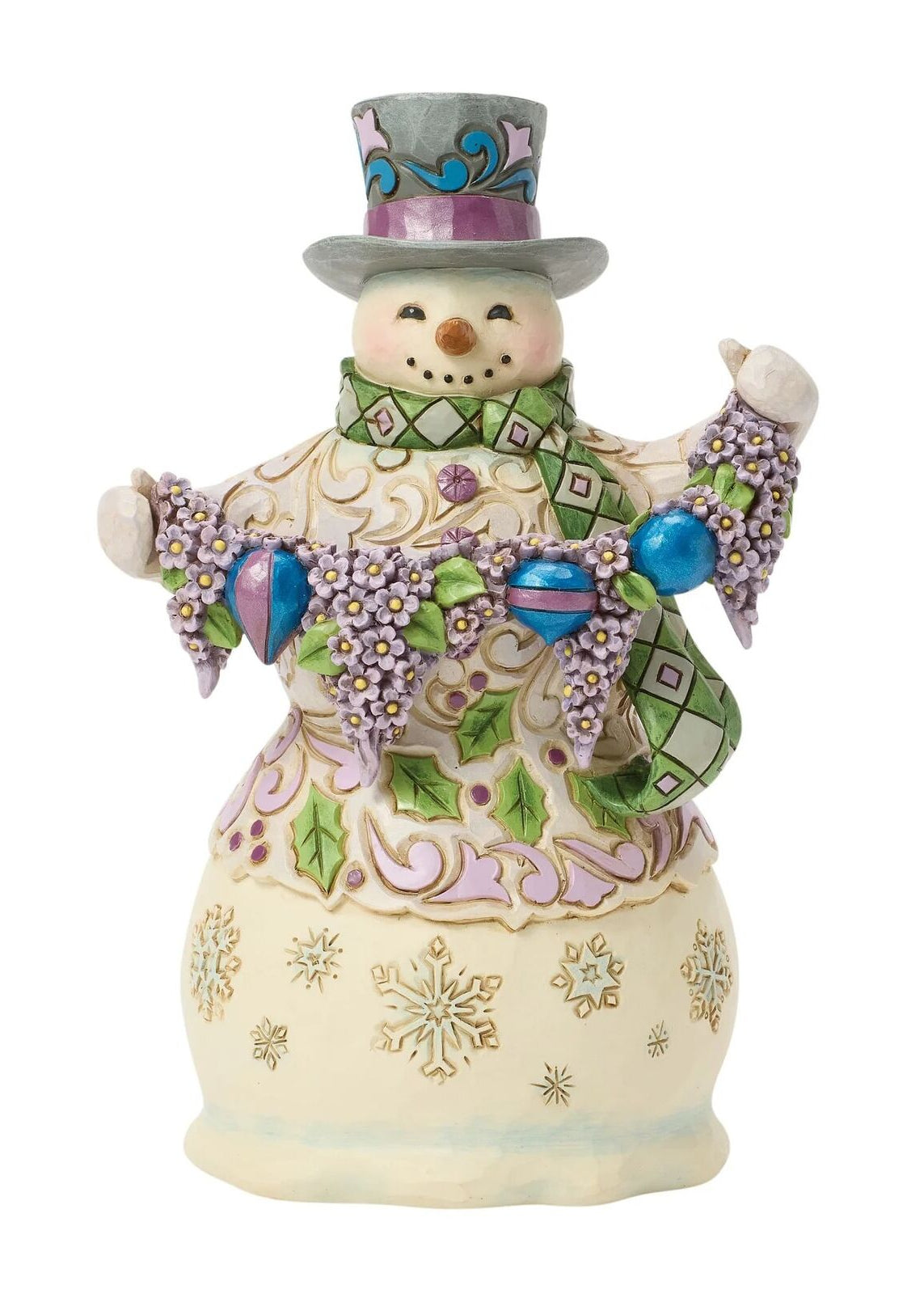 Decorative snowman figurine with top hat and colorful scarf on a white background