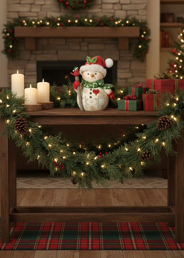 A festive holiday table centerpiece featuring a white ceramic snowman figurine with a green scarf and Santa hat, flanked by three lit white pillar candles and wrapped gift boxes, all set on a rustic wooden table decorated with a pine garland with warm white lights.