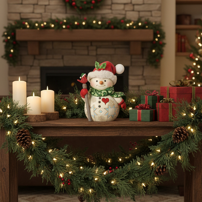 A festive holiday table centerpiece featuring a white ceramic snowman figurine with a green scarf and Santa hat, flanked by three lit white pillar candles and wrapped gift boxes, all set on a rustic wooden table decorated with a pine garland with warm white lights.
