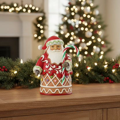 A festive ceramic Santa Claus figurine wearing a red sweater and holding a candy cane, displayed on a wooden cabinet in a decorated holiday home with a blurred Christmas tree and garland in the background.