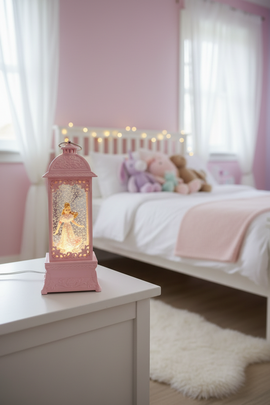 A pink decorative lantern with a glowing angel figure inside sits on a wooden bedside table in a softly lit bedroom.