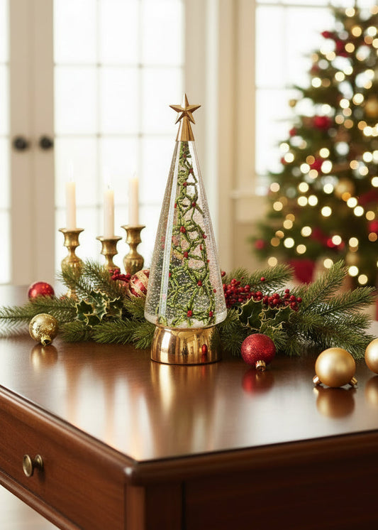 A decorative tabletop Christmas tree with a clear cone-shaped glass body, warm white string lights, green pine branches, red berry accents, and a gold star topper, shown on a kitchen countertop with its box behind it.