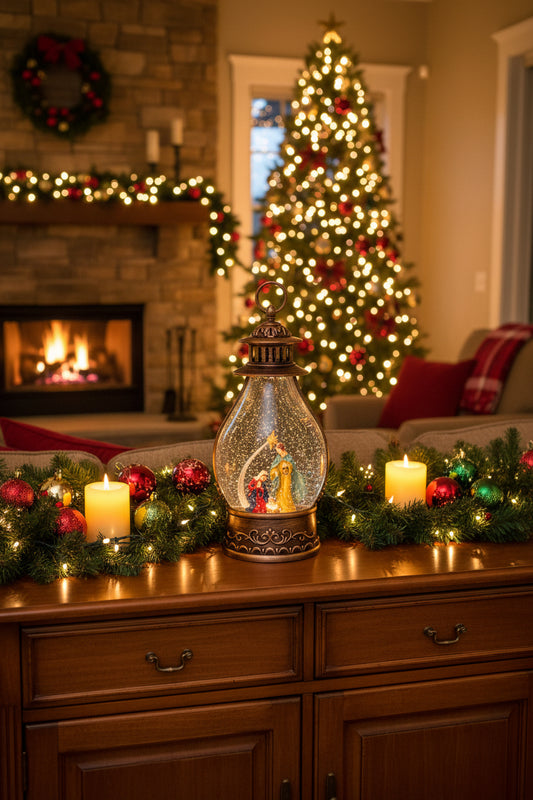 A decorative glass lantern with an ornate bronze-colored metal base and top loop, featuring a miniature nativity scene inside the clear glass globe.