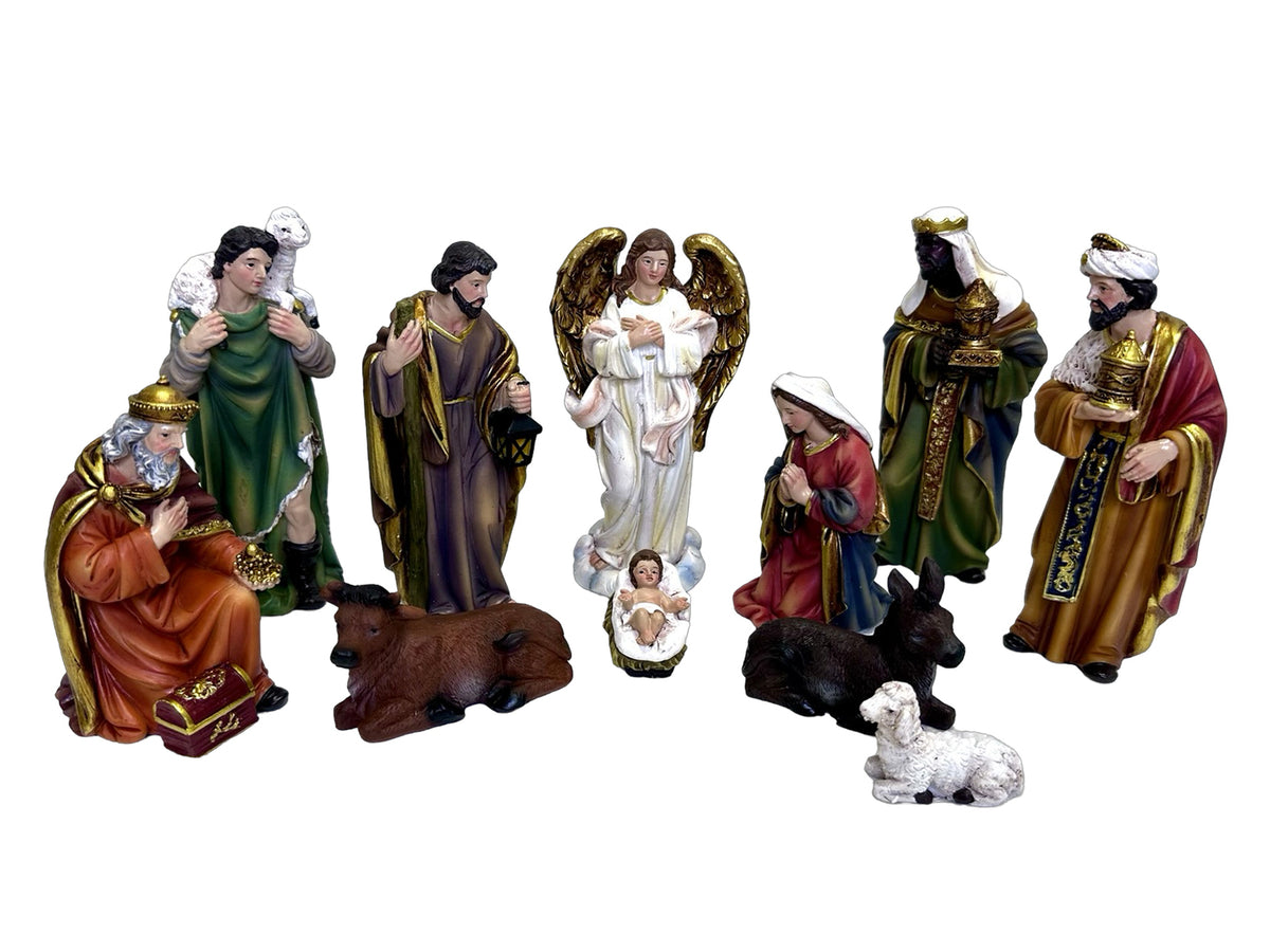 An 11-piece Christmas nativity set figurines including Mary, Joseph, baby Jesus, an angel, three wise men, shepherds, and animals, shown against a plain white background.