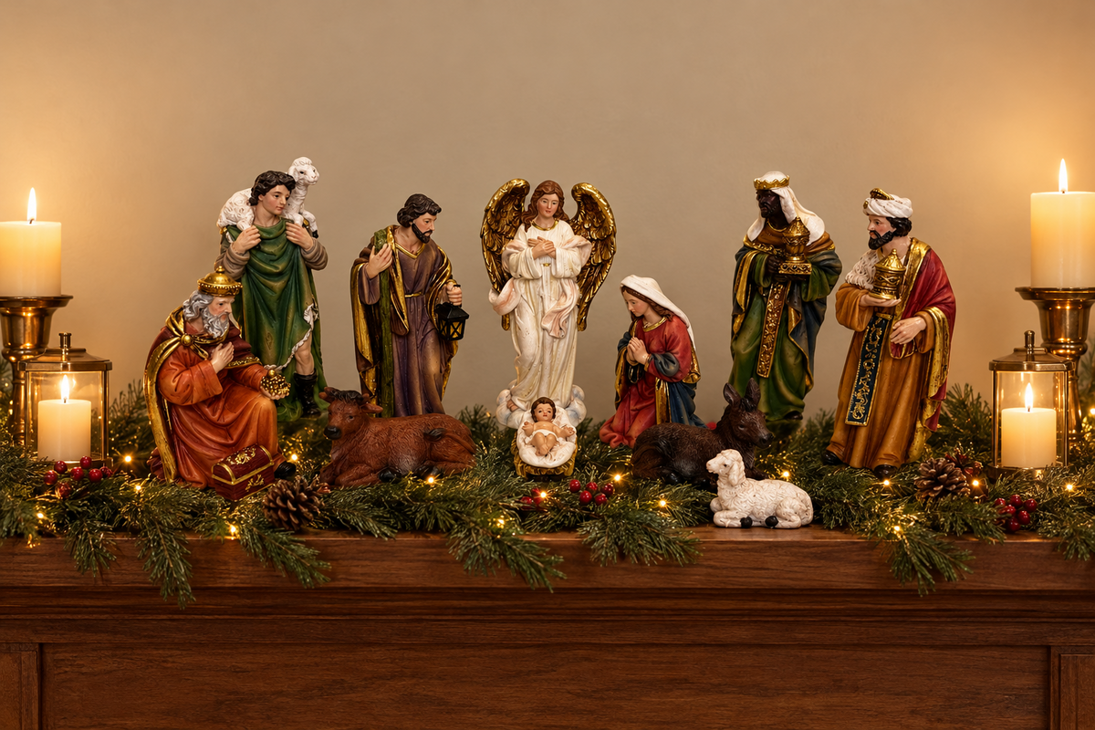 A Christmas nativity scene display featuring a detailed figurine set on a wooden mantel. The set includes the Holy Family, wise men, an angel, shepherds, animals, and lit candles on both sides, decorated with pine branches and warm fairy lights against a neutral beige background.