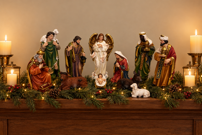 A Christmas nativity scene display featuring a detailed figurine set on a wooden mantel. The set includes the Holy Family, wise men, an angel, shepherds, animals, and lit candles on both sides, decorated with pine branches and warm fairy lights against a neutral beige background.