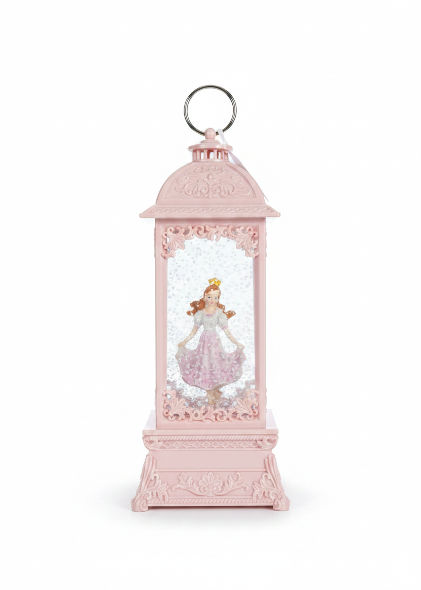 A pink decorative lantern-style ornament with a printed princess figure inside