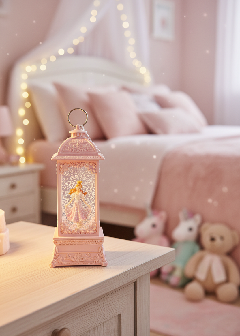 A pink decorative lantern with a glowing fairy figure inside sits on a light wood bedside table in a softly lit pink bedroom. A blurred bed, string lights, stuffed animals, and a teddy bear are visible in the background.