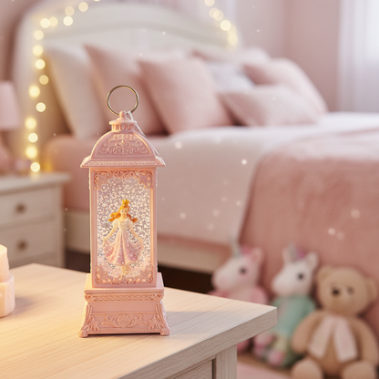 A pink decorative lantern with a glowing fairy figure inside sits on a light wood bedside table in a softly lit pink bedroom. A blurred bed, string lights, stuffed animals, and a teddy bear are visible in the background.