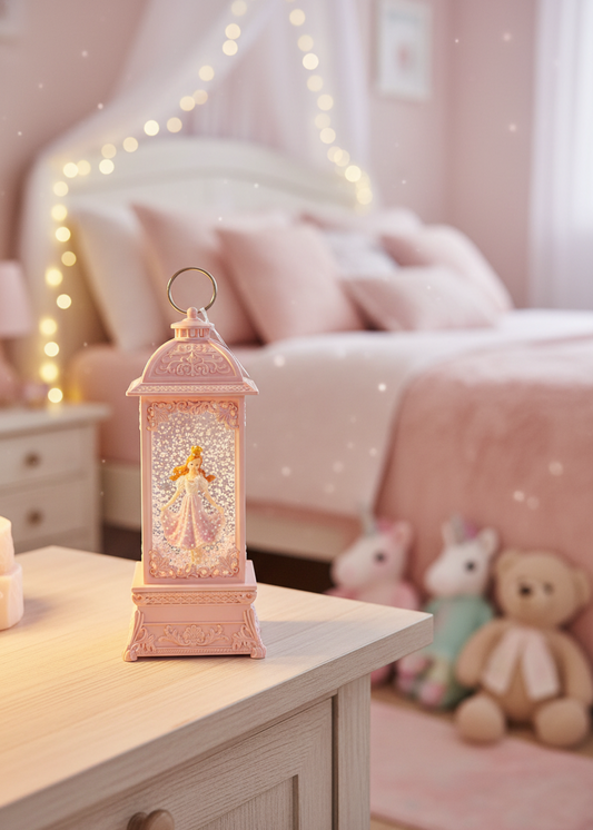A pink decorative lantern with a glowing fairy figure inside sits on a light wood bedside table in a softly lit pink bedroom. A blurred bed, string lights, stuffed animals, and a teddy bear are visible in the background.
