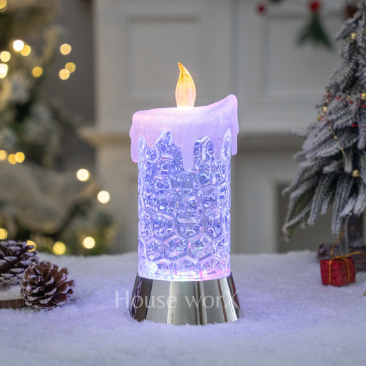 Decorative LED candle with lace design in a festive setting with Christmas trees and lights.