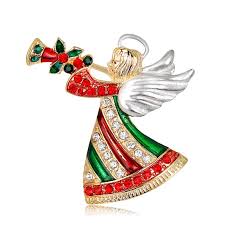 Decorative angel ornament with red, green, and gold colors on a white background