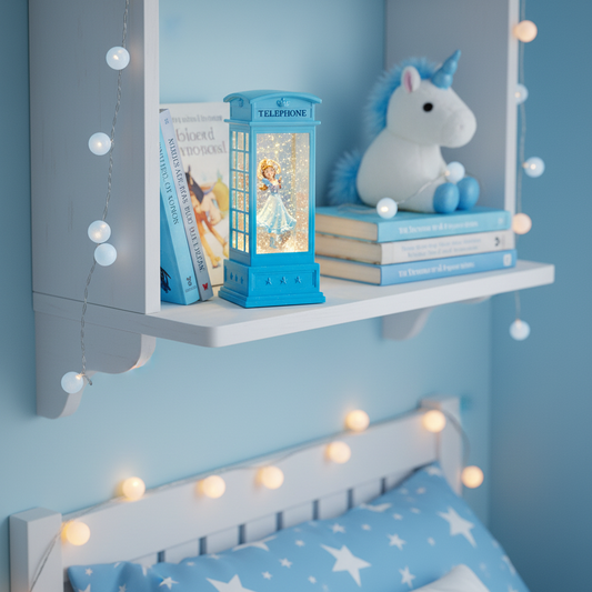 A styled children's bedroom shelf scene with a white shelf mounted on a light blue wall, decorated with fairy lights, books, a blue snow globe telephone, and a white unicorn plush. A blue bed with star-patterned bedding is visible below.