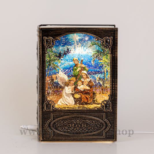 Book christmas snow globe nativity plain