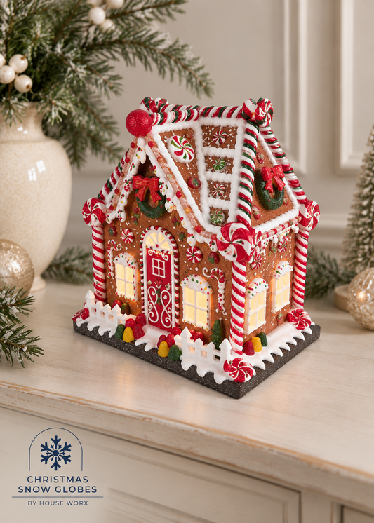 A decorated gingerbread house ornament displayed on a light wood surface, surrounded by holiday greenery and ornaments. The house features white icing borders, red candy cane details, a red roof, and glowing yellow windows.