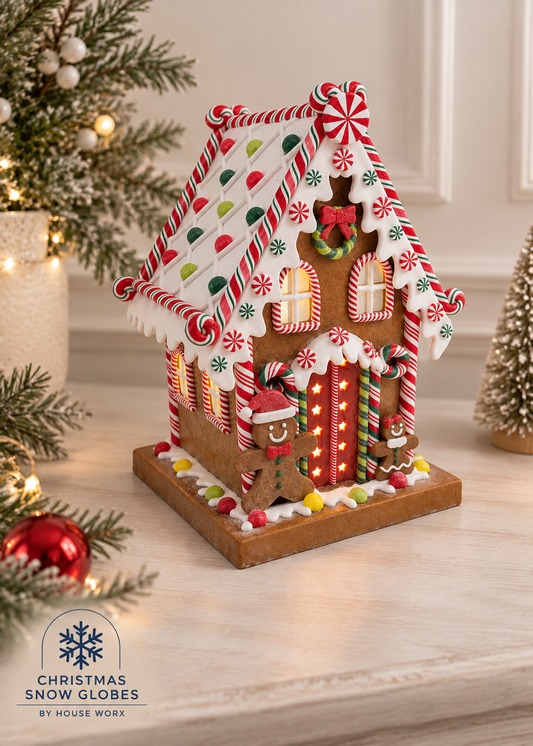 A gingerbread-style Christmas snow globe house ornament displayed on a tabletop with holiday decor, including a lit Christmas tree and small snow globe trees in the background. The product features candy cane trim, red-and-white striped roof, gingerbread figures, and warm interior lighting.