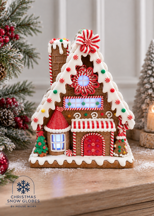 A decorated gingerbread house ornament with red-and-white candy cane details, white icing, and small holiday lights, displayed on a wooden surface with Christmas trees and ornaments in the background. A logo for Christmas Snow Globes by House of Work appears in the lower left corner.