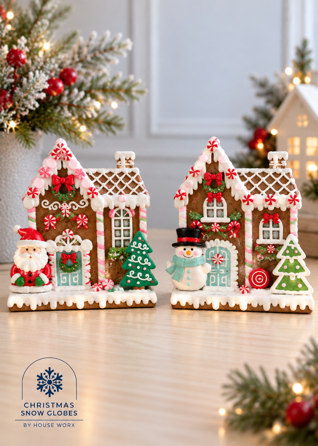 Two decorated Christmas gingerbread houses with snowmen and candy trees, displayed on a tabletop with festive lights and holiday greenery in the background. A logo for Christmas Snow Globes by House of Workx is visible in the lower left corner.