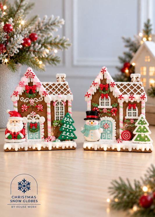 Two decorated Christmas gingerbread houses with snowmen and candy trees, displayed on a tabletop with festive lights and holiday greenery in the background. A logo for Christmas Snow Globes by House of Workx is visible in the lower left corner.