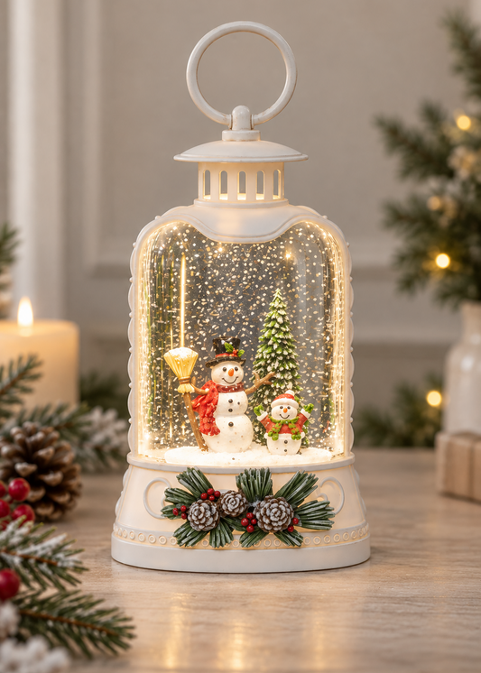 A white lantern-shaped Christmas snow globe table decor with a warm glowing LED light inside, featuring snowman figures, a small Christmas tree, and a pine garland base, styled on a tabletop with holiday decorations.