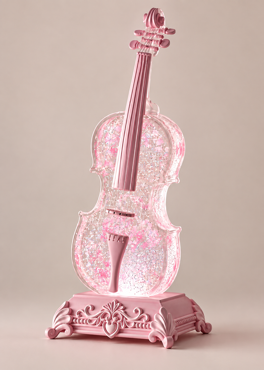 A pink violin-shaped decorative object with glittery translucent detailing, displayed on an ornate matching pink base against a plain beige studio background.
