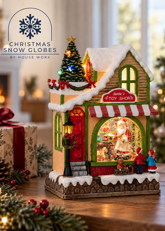 A festive Christmas village toy store miniature by House of Work, featuring Santa's Toy Shop with a snow-covered roof, red and white striped awning, and a glowing window display. The scene is styled on a wooden table with holiday decorations, pinecones, wrapped gifts, and a blurred Christmas tree in the background.