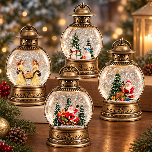 Four decorative Christmas snow globe lanterns with antique bronze-finished metal bases and domed lids, each filled with white glitter and featuring different holiday scenes including Santa, angels, snowmen, and a Christmas tree. The image includes a logo reading 'CHRISTMAS SNOW GLOBES BY HOUSE WORK' at the top left.