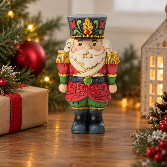 A Jim Shore Heartwood Creek Christmas Nutcracker figurine standing on a wooden table, surrounded by holiday decorations including a wrapped gift, evergreen branches with lights, and a small house. The Jim Shore and Christmas Snow Globes by House Workx logos are visible in the top corners.