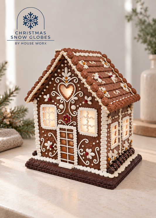 A decorated gingerbread house ornament with a snow globe effect inside, featuring white icing details, a heart-shaped window, and a warm glowing interior. The product is displayed on a marble surface with holiday greenery and a vase in the background.