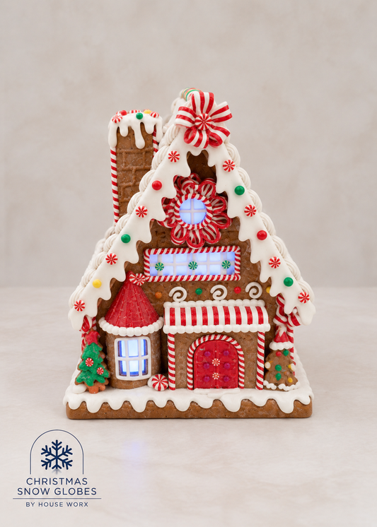 A gingerbread-style Christmas snow globe house decoration with white icing, red and white candy cane details, a red door, and small candy decorations, photographed on a light neutral background. A visible logo at lower left reads Christmas Snow Globes by House of Work.