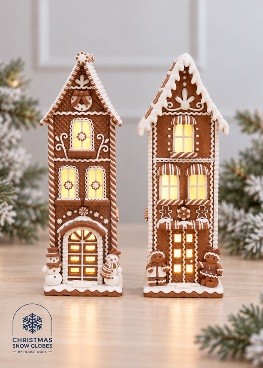 Two gingerbread house Christmas ornaments with warm glowing windows, displayed on a wooden surface with blurred evergreen branches in the background. A logo for Christmas Snow Globes by Christine Hanks appears in the lower left corner.