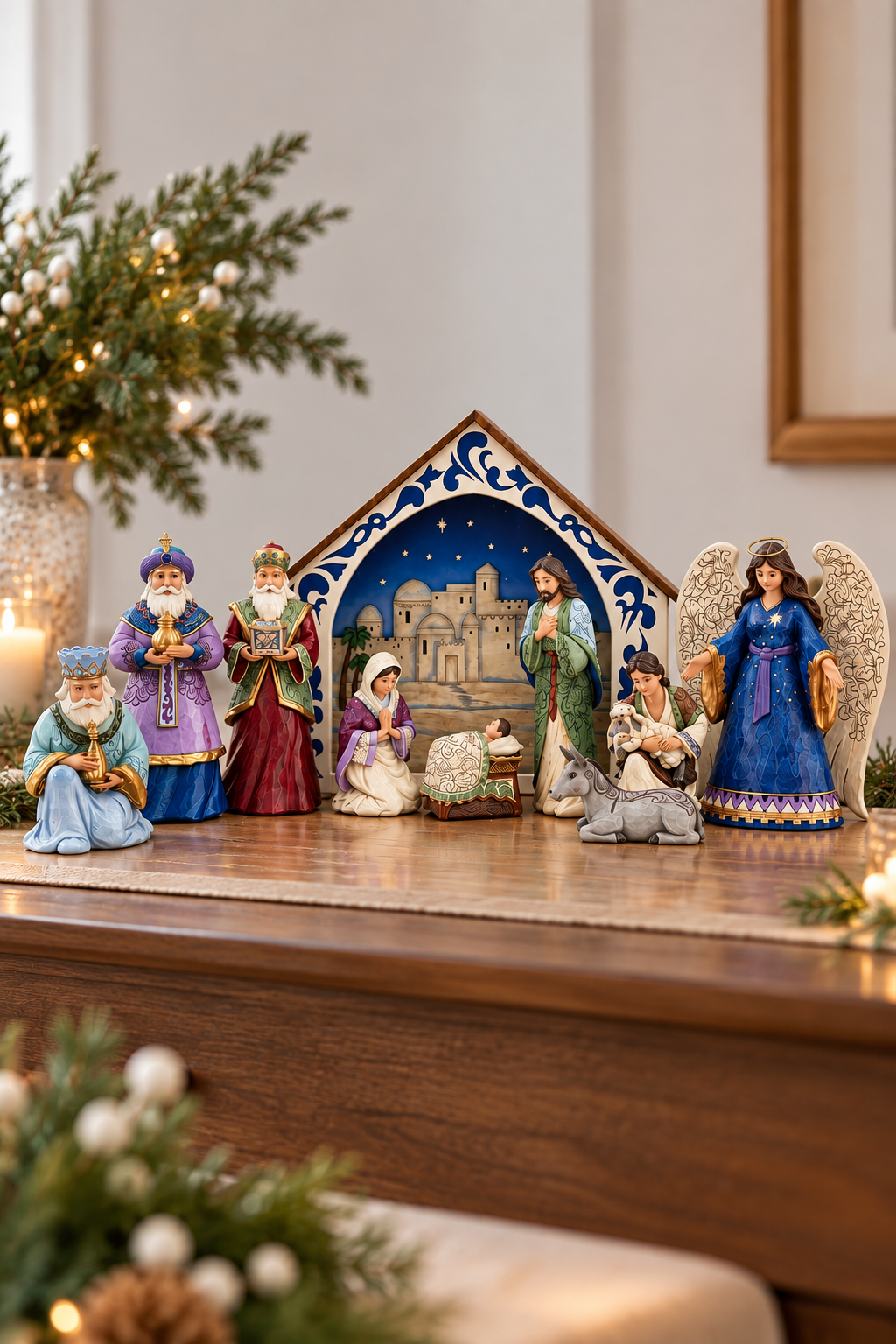 A Christmas nativity scene figurine set displayed on a wooden mantel, featuring Mary, Joseph, baby Jesus, the Three Wise Men, an angel, and a blue decorative arch backdrop. The scene is decorated with holiday greenery and warm candlelight in a home interior.