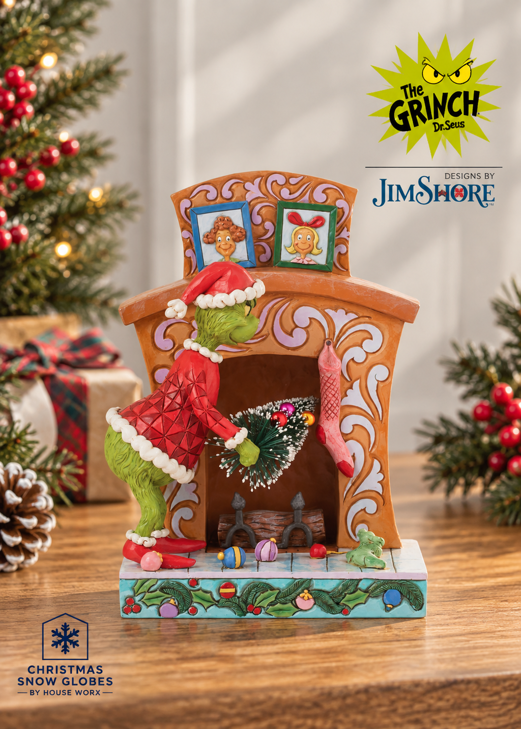 Grinch by Jim Shore - 19cm/7.5" Grinch Pushing Tree Up Fireplace