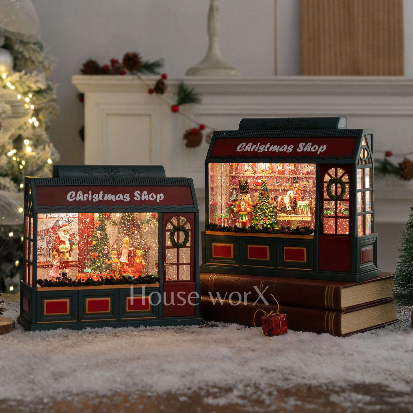 Christmas shop snow globe pair