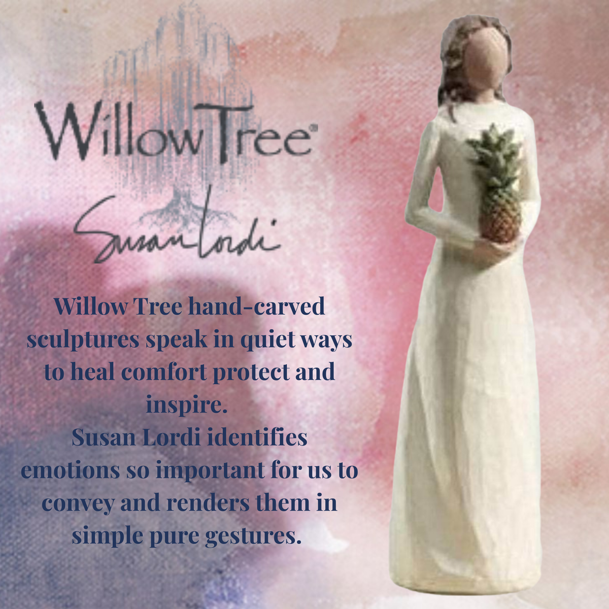 Willow Tree Susan Lordi figurine of a woman in a long white dress holding a pineapple, set against a pink and purple textured background with product text.