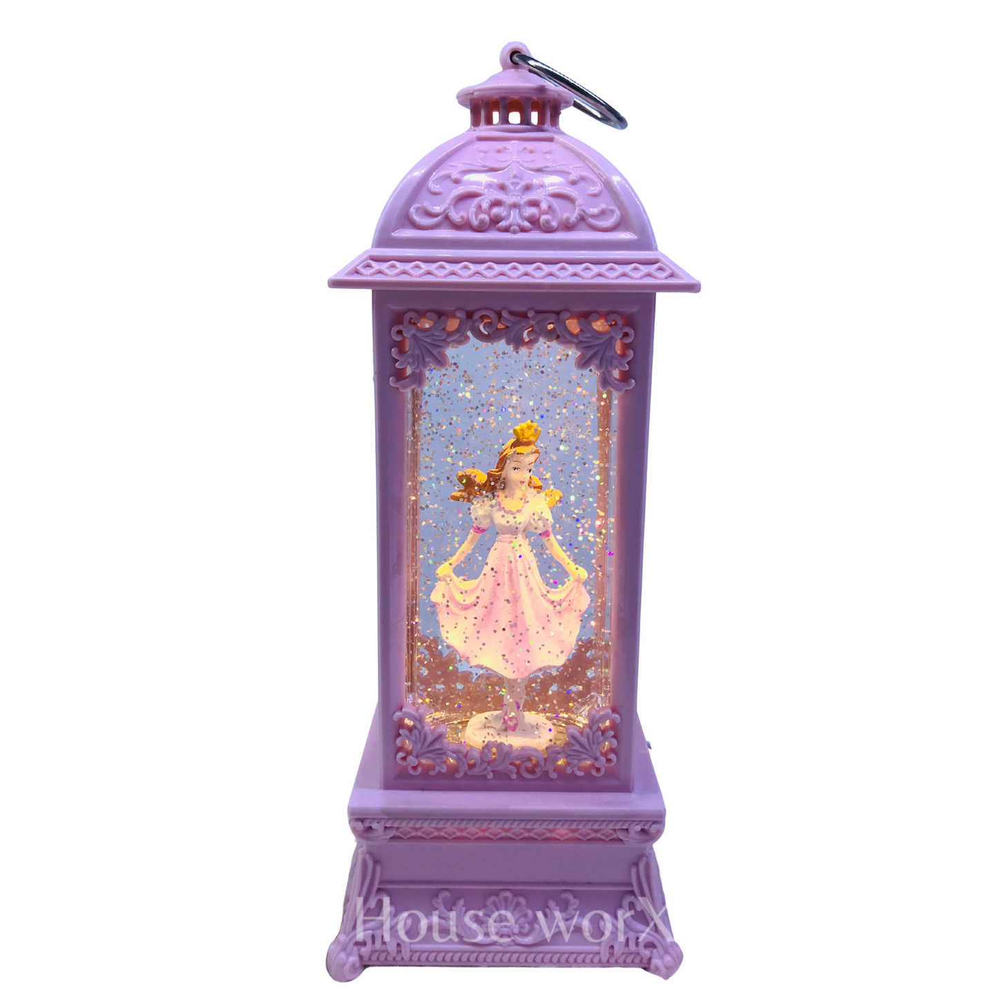 A purple decorative lantern-shaped ornament with a glowing fairy figure inside and a metal loop at the top, shown on a plain white background.