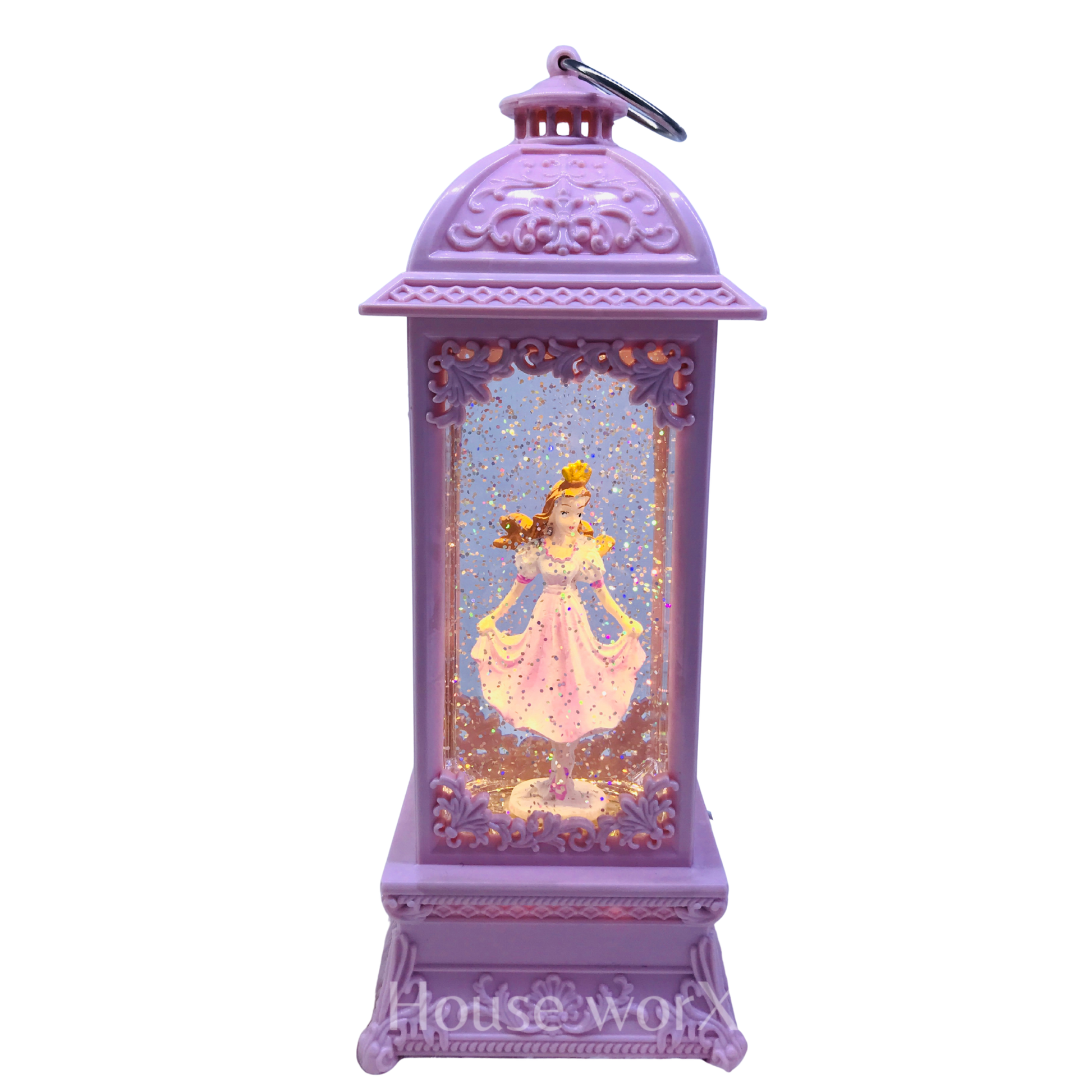 A purple decorative lantern-shaped ornament with a glowing fairy figure inside and a metal loop at the top, shown on a plain white background.