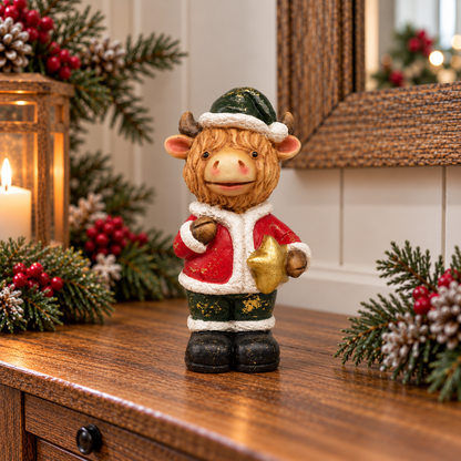A festive Christmas ornament shaped like a shaggy Highland cow dressed in a red and green Santa-style outfit, standing on a wooden surface with holiday greenery, a lantern candle, and a mirror in the background.