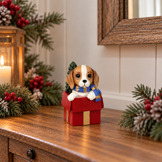 A Christmas-themed beagle figurine sitting in a red gift box, decorated with a blue and gold scarf and a small green pine sprig on its head, displayed on a wooden table with holiday greenery and a candle in the background.