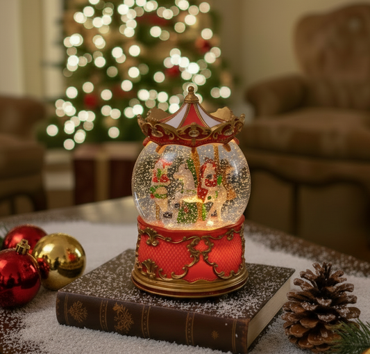 A festive Christmas-themed carousel music box snow globe. The clear glass globe is filled with glitter and miniature holiday figures, including Santa Claus and a reindeer, under a red and gold canopy.