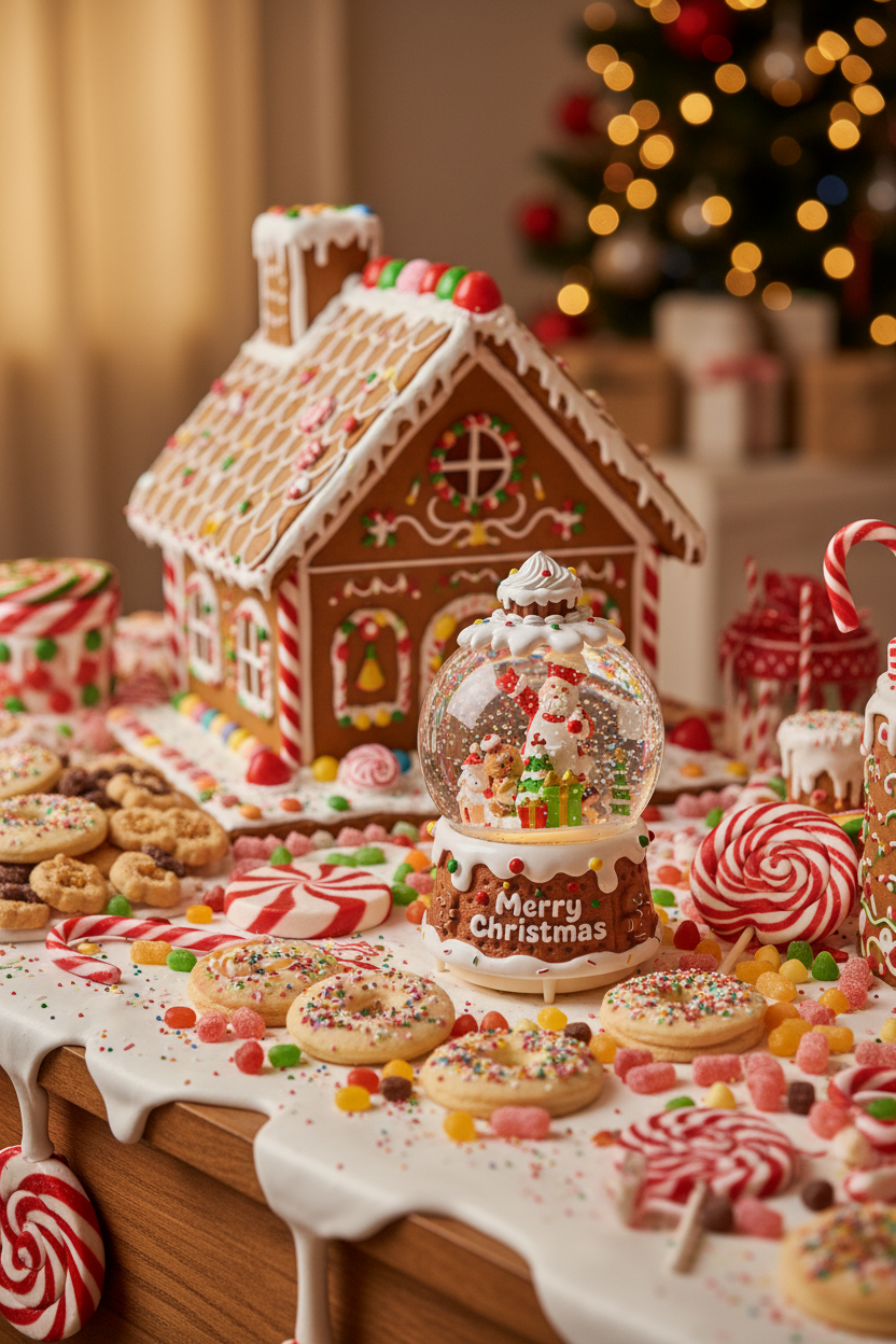 A festive holiday table display featuring a gingerbread house, a snow globe with a Christmas scene, assorted cookies, lollipops, candy canes, and sprinkles, with a blurred Christmas tree in the background.