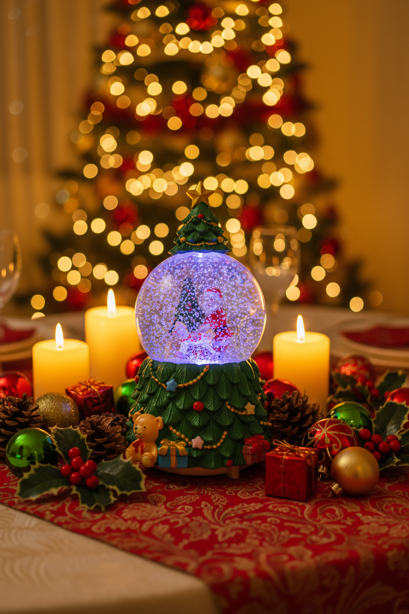 A Christmas-themed snow globe figurine with a green tree base decorated with ornaments, a teddy bear, and presents, surrounding a clear globe filled with white glitter and a miniature Santa Claus scene, shown on a plain light gray background.