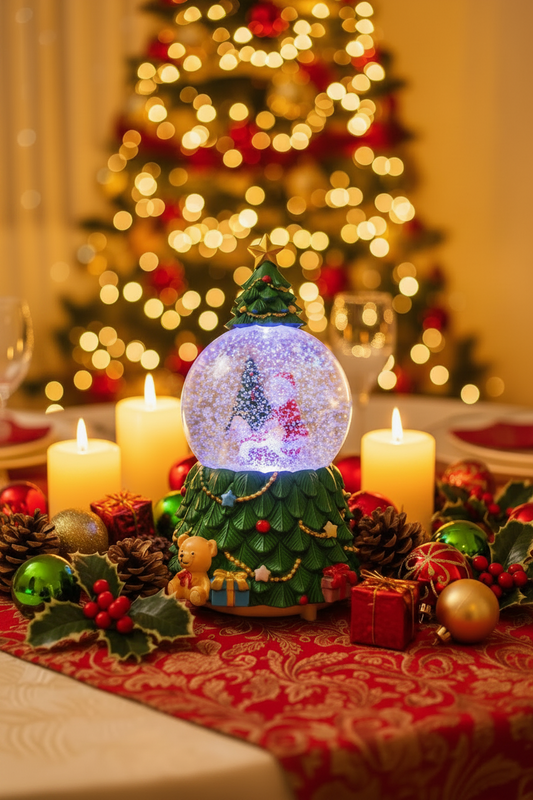 A Christmas-themed snow globe figurine with a green tree base decorated with ornaments, a teddy bear, and presents, surrounding a clear globe filled with white glitter and a miniature Santa Claus scene, shown on a plain light gray background.