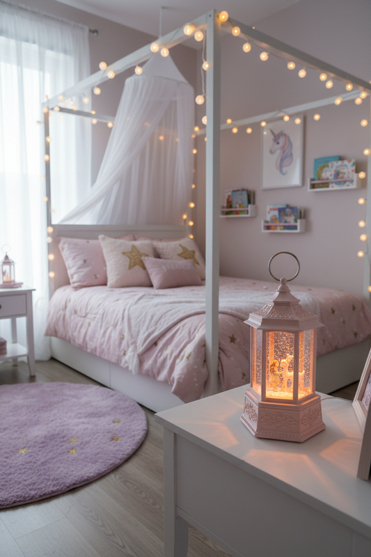 A pink decorative lantern with a hanging ring, featuring a warm glowing fairy light inside, set against a plain gray background.