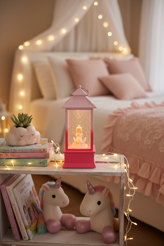A pink lantern-style night light with a glittery snow globe and a small fairy figure inside, styled on a bed shelf in a cozy bedroom with fairy lights, plush unicorns, and books.