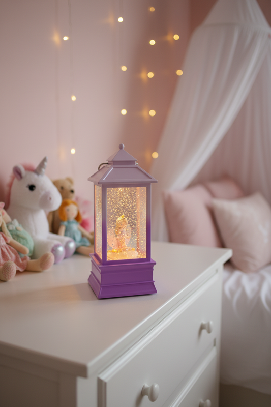 A purple lantern-style night light with a glowing yellow fairy figure inside sits on a white dresser in a softly lit children's bedroom. A unicorn plush toy, string lights, and a bed with pink bedding are visible in the background.