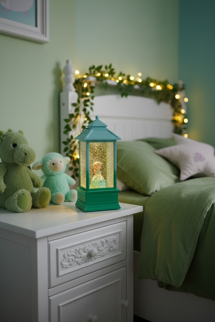 A teal snow globe lantern with a glowing fairy inside sits on a white nightstand in a cozy, softly lit green bedroom. A white bed with green bedding, a plush green toy, and a small plush lamb are visible in the background, accented by warm string lights around the headboard.